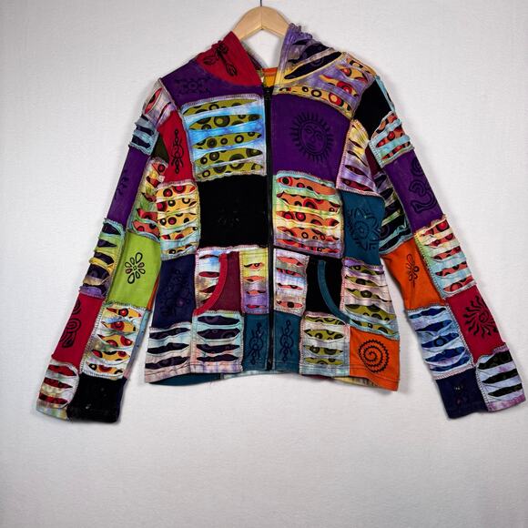 All That Jazz Cut Out Patchwork Full Zip Hoodie Boho Women's XL Hippie Festival - Picture 1 of 10